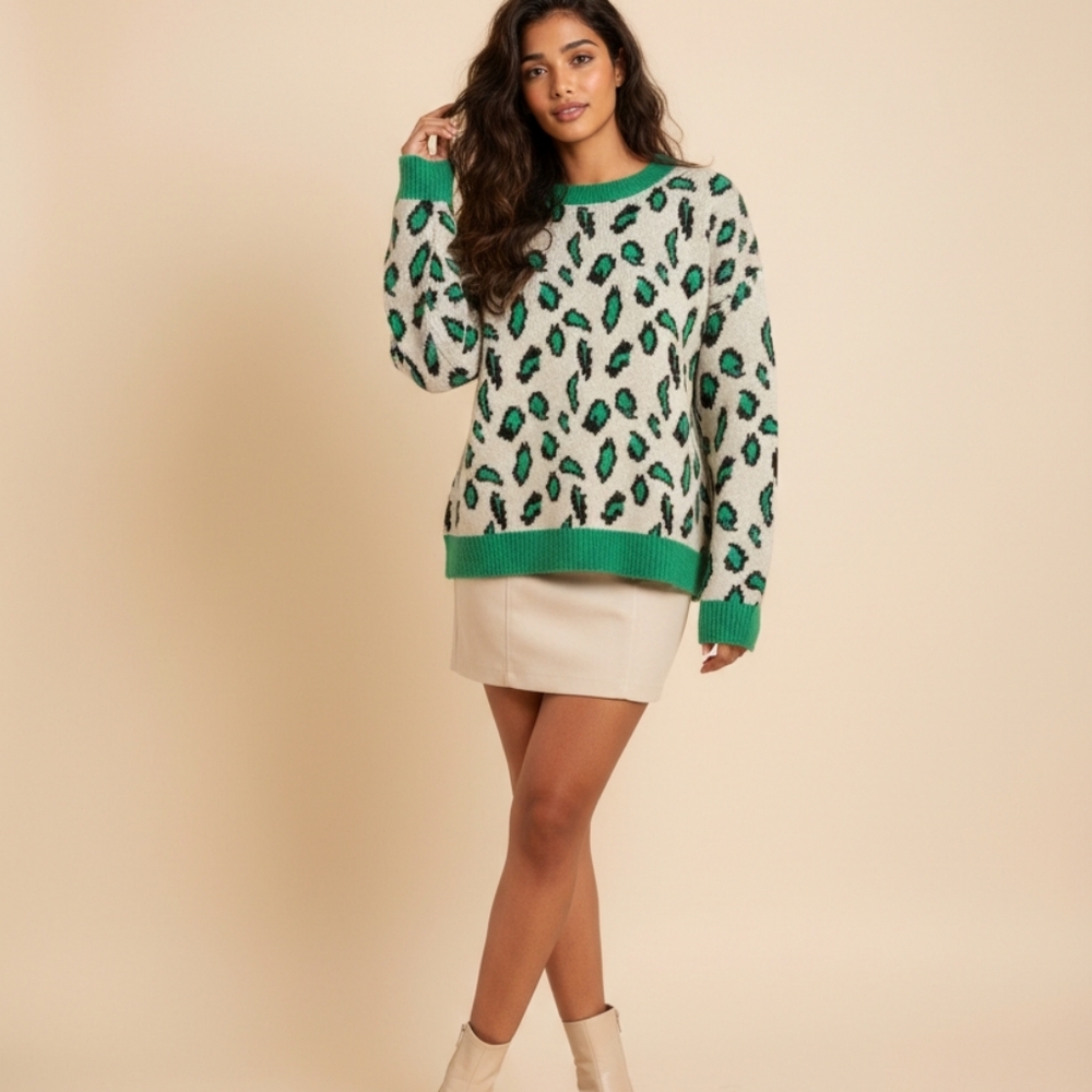 Fate Cream Leopard Print Sweater with Green Accents